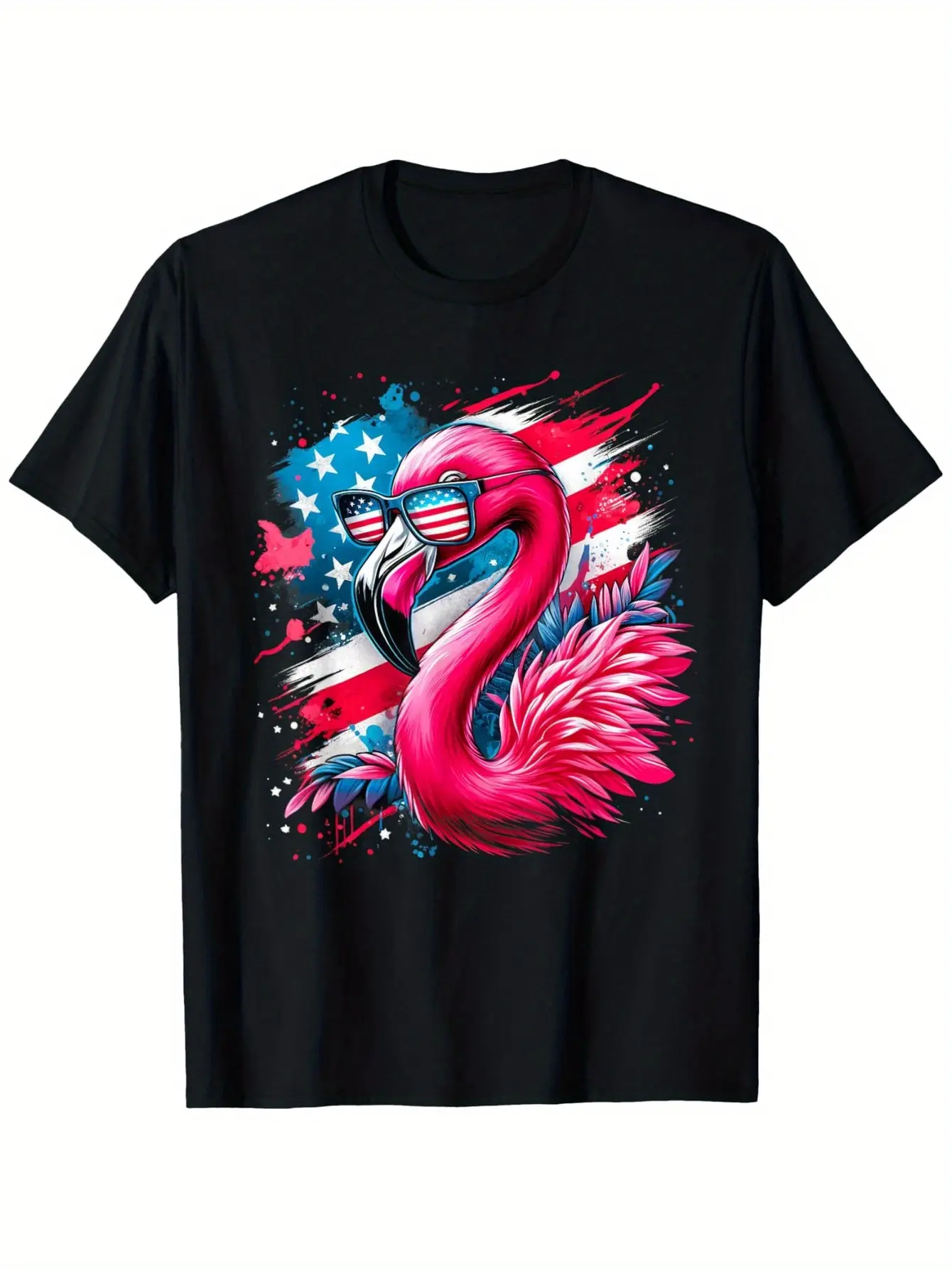 Patriotic Flamingo American Flag T-Shirt -  Cotton, Round Neck, Short Sleeve, Vibrant Pink Flamingo Design with Stars & Stripes, Perfect for 4th of July, Halloween, Thanksgiving, Christmas Gifts, Sizes S-XXXL