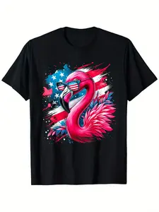 Patriotic Flamingo American Flag T-Shirt - 100% Cotton, Round Neck, Short Sleeve, Vibrant Pink Flamingo Design with Stars & Stripes, Perfect for 4th of July, Halloween, Thanksgiving, Christmas Gifts, Sizes S-XXXL