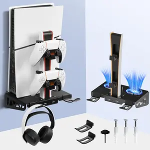 Wall Mount Kit for PS5/Slim/Pro with  Station and Cooling Fans, PS5 Shelf Wall Mount Accessories, Steel Wall Stand with Dual Controller Charger, Headset Hanger for All PS5 Versions