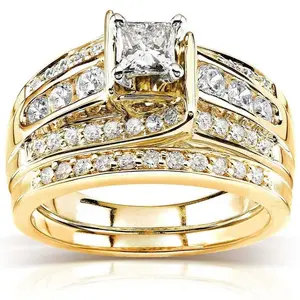 New golden-plated Princess synthetic Moissanite ring full of zircon  European and American luxury 2-piece engagement ring