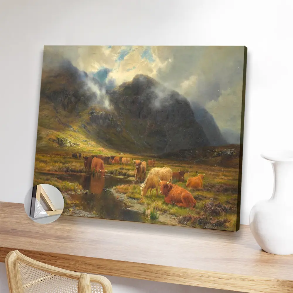 1pc Wooden Framed Cattle In A Highland Landscape By Louis Bosworth Hurt Print poster for Living Room, Bedroom, Kitchen, and Office Decor