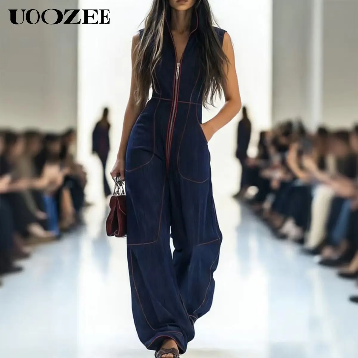 UOOZEE Women's Deep Blue Sleeveless Polyester-Spandex Denim Overalls Jumpsuit - Zipper-Front, High Waist Wide Leg, Multiple Pockets, Soft Lightweight Chunky Fit, Summer Streetwear, Ideal for Tall Women (Size Down for Petite; Pair with Blazer/Earrings), Ev