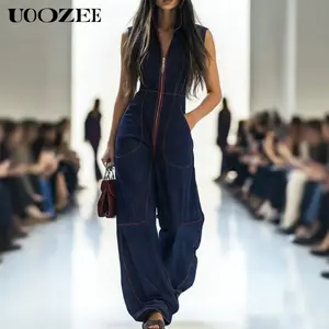 UOOZEE Women's Deep Blue Sleeveless Polyester-Spandex Denim Jumpsuit - Zipper-Front, High Waist Wide Leg, Multiple Pockets, Smooth Minimalist Style, Summer Street Style Streetwear, Ideal for Tall Women (Size Down for Petite; Pair with Blazer/Earrings), Wo