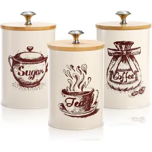Small Canister Sets for Kitchen Counter, 25 Oz Coffee Sugar  Canister Set, Metal  Kitchen Container 3 Pack,  Storage Containers with  Lid, Farmhouse Decor, Beige