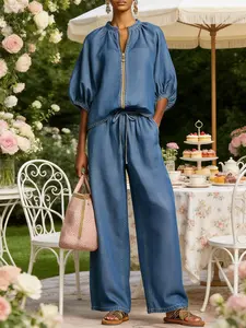 2026 Women's Half Zip Pullover and Wide Leg Pants 2 Piece Lounge Set Casual Matching Tracksuit Airport Outfit