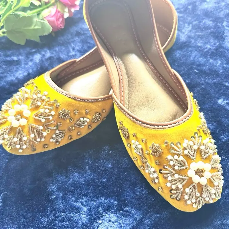 Handcrafted Velvet Mustard Juttis/Khussa with Pearl Embellishment | Traditional Indian Ethnic Flat Shoes for Women | Elegant Wedding & Festive Mojaris Footwear
