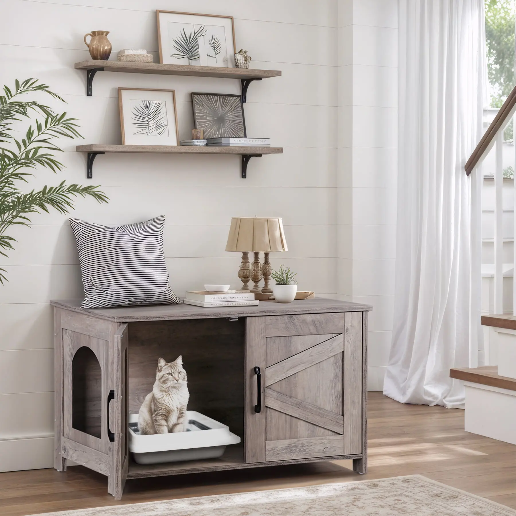 Large-Size Oak MDF Wood Litterbox Enclosure, Cat Furniture with Left-Right Adjustable Hidden Barn Door, Stylish Private Room Cat Washroom for Home Decor, 31.5” L x 19.7” W x 19.7” H