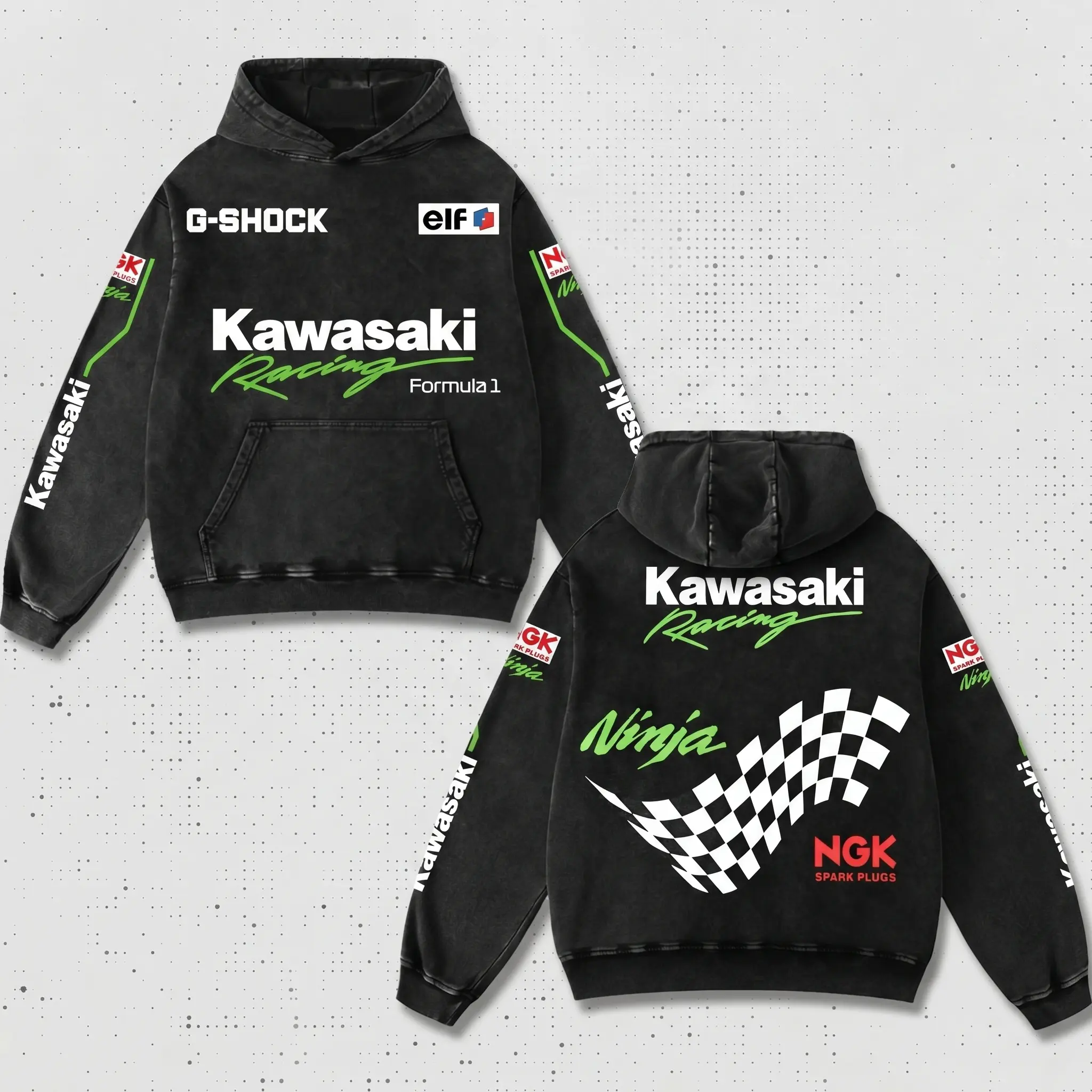 Retro Formula Kawasaki Racing Hoodie Washed Black, MotoGP World Championship Enthusiast, Motorcycle Off Road Dirt Bike Graphic Streetwear, Heavyweight Biker Sweatshirt, Retro Moto Gear Motorbike Apparel Men’s Aesthetic Y2K Racing Jacket Style