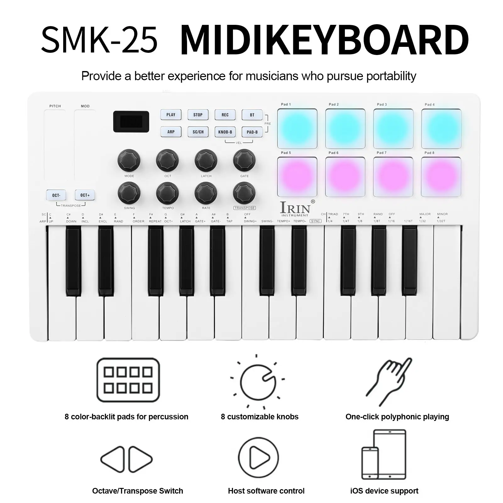 Smk-25 Portable Midi Controller with RGB Pad, 25-Key USB Midi Keyboard, Ideal for Composition and Beat Making