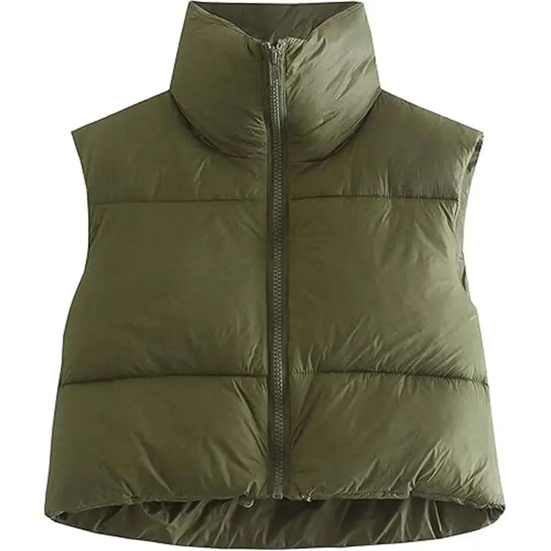 Crop Quilted Puffer Vest for Women Zipper Stand Collar Sleeveless Padded Down Jacket Top Casual Lightweight Womenswear Chic