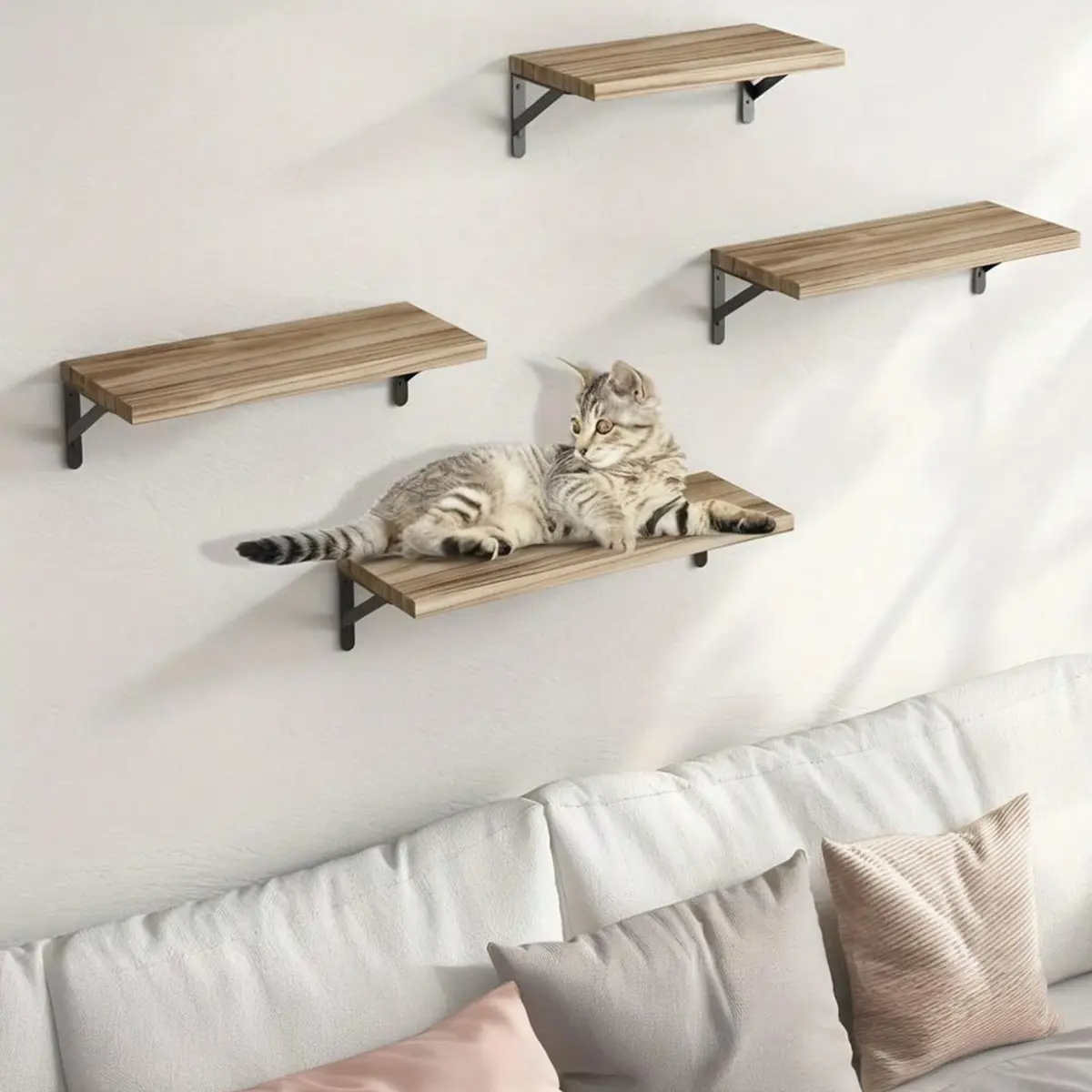 Wall Mounted Shelf One-Row Iron Stand Bedroom Living Room Wood Board (30cm/40cm/50cm), Space Saving Design, Paulownia Material, China Harvested, Wooden Wall Shelf, Wall Mount Organizer