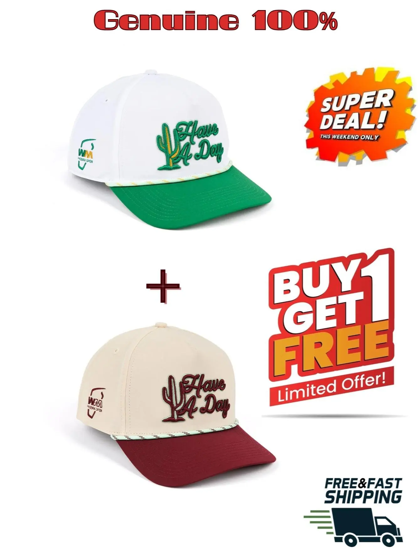 Super Deal 2-in-1 - Men's Breezy Golf Cream/Maroon WM Phoenix Open Cactus Have A Day Rope Adjustable Hat - White/Green & Black Edition Pack | Breezy Summer Golf Rope Hats – Cream & Maroon Combo | Feel-Good Vibes On & Off The Course - Buy 1 Get 1 Free