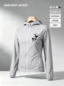 Music Butterfly And Note Print Women Summer Hooded Zip Up Skin Coat Jacket Four Colors Optional Soft Skin Friendly Comfortable Loose Breathable Lightweight Fashion Casual Outdoor Camping Hiking Cycling Commuting Daily Travel Vacation Must Have New Arrival