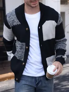 Men's fall outfit: a men's shawl - collar knitted cardigan with color - block square pattern splicing, a warm, breathable, versatile knitted cardigan for men suitable for commuting and casual wear in autumn and winter Knitting Cardigan Fashion Knitwear