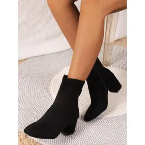 Faux Suede Pointed Toe Short Boots, Zipper Design, Mid-Calf Height, Rubber Sole, Autumn Winter Fashion, Elegant Style for Work