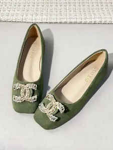 Luxury Rhinestone Double C Buckle, Soft Velvet Upper, Square Toe, Comfortable Flat Sole, Slip-On, Versatile Fashion Women's Shoes
