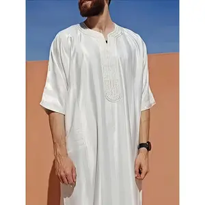 [Moroccan Style Thobe Jilbab] Moroccan Style Amazing Embroider Men's Solid Thobe Jilbab - Soft Fabric Islamic Clothing