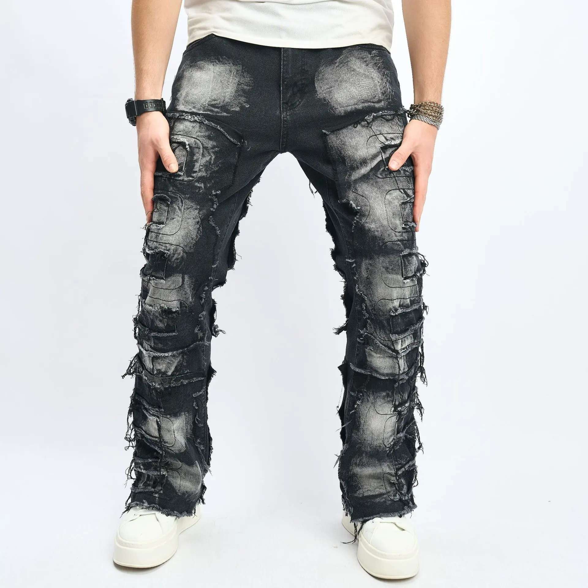Men's Vintage 90s Grunge Ripped Plain Jeans - Button Fly, Loose Baggy Ankle, Dark Denim, Soft Thick Thigh Patch, Crust Punk Streetwear Menswear for College Back to School