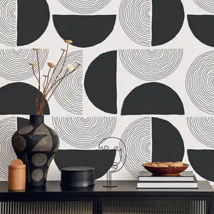 VEELIKE Black Geometric Peel and Stick Wallpaper Mid Century Modern Geometric Wallpaper for Bedroom Bathroom Accent Wall 17.7''x118'' Removable Adhesive Art Wall Décor Contact Paper for Cabinets Walls