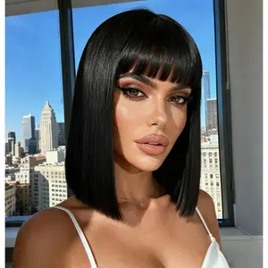 12 Inch Black Bob Wig with Bangs Short Straight Synthetic Heat Resistant Wigs for Women Party Cosplay Daily Use