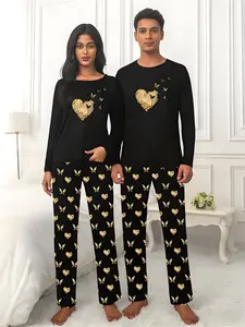Luxury black and gold love butterfly pattern matching couple Long Sleeve pajama set | round neck, casual style, printed pattern, suitable for adults, suitable for all seasons