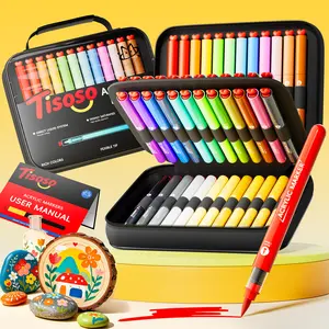 Tisoso 24/36/48-Colors Acrylic Paint Markers with Canvas Bag, Brush Tips with Auto-Control Ink, Colored Pen Barrel, High Opacity Waterproof Paint Pens for DIY Art & Craft - Rock, Wood, Glass, Fabric