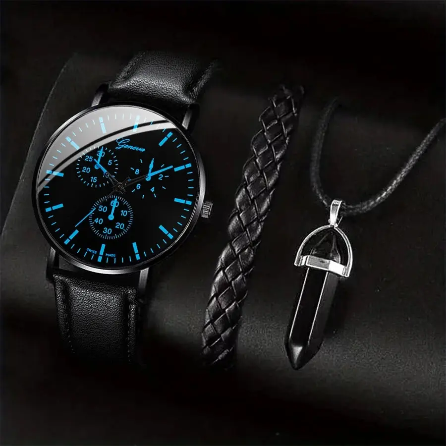 3-Piece Men's Business Quartz Watch Set – Leather Band Analog Watch with Matching Necklace & Bracelet, Men's Jewelry, Leather Strap, Quartz Movement