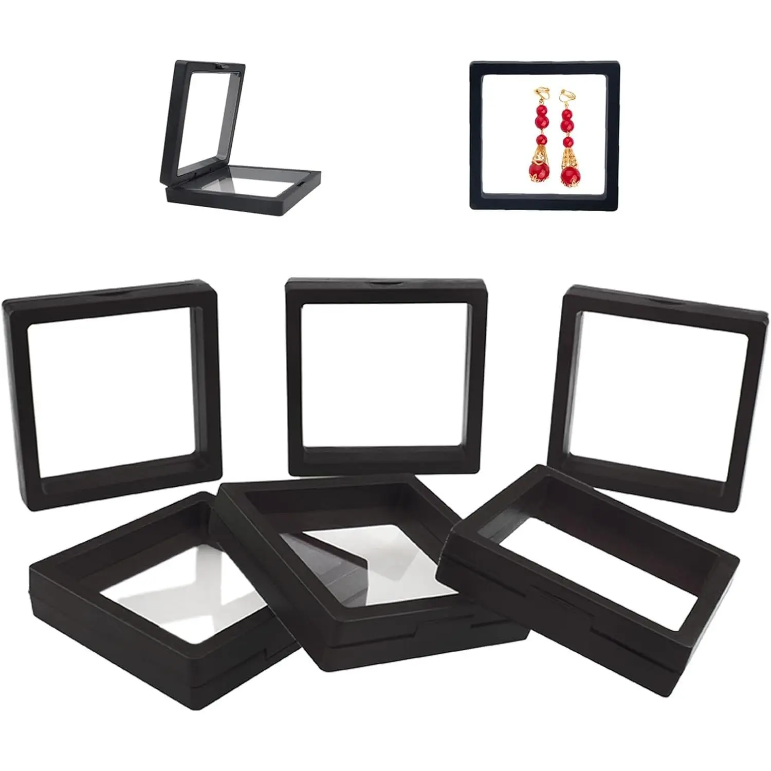 6 Pack  Floating Display Case, Transparent Floating  Box for  Medals Rings, Clear Display Frame for Collectibles,  Storage Box (Black 3.5x3.5 in)
