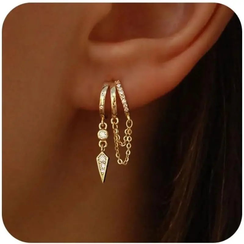 Women's 14K Gold Plated Triple Huggie Dangle Stacked Earrings, Hypoallergenic Trendy Drop Earrings, Dainty Cute Statement Gold Costume Jewelry