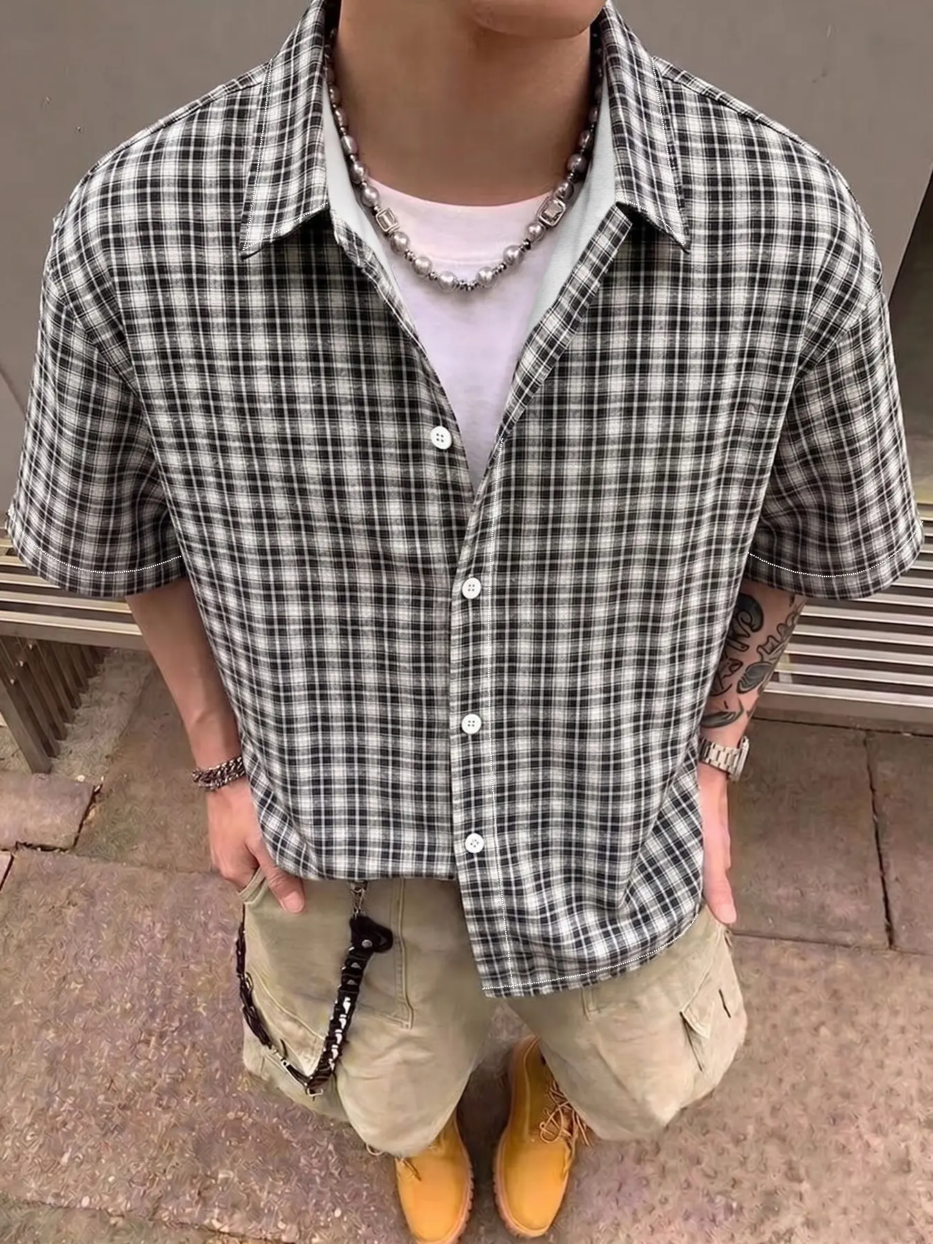 Men's Fashion Summer Vintage Gingham Plaid Checkered Short Sleeve Shirt, Menswear, Loose Fit Cuban Collar, Casual Style, Ideal for Daily Wear and Outdoor Activities