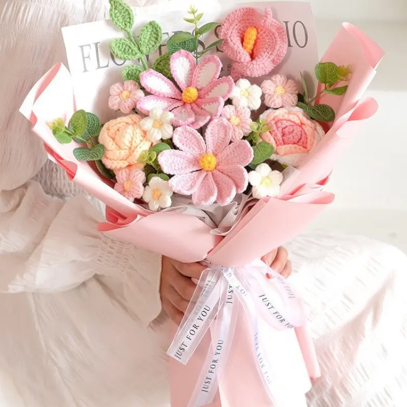 Creative Handmade Knitted Flower Bouquet Gift, Knitted Roses, Realistic Fake Flowers Decor, Lifelike Artificial Flower, Perfect for Mother's Day, Valentine's Day, Birthday, Home Decoration, Decorative Faux Flowers, Decorative