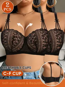 Women's Lace Deep V Bra Set, Soft Knitted Fabric Breathable Lining, Medium Support Underwear for All Seasons, Casual Style
