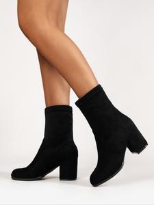 fashionable solid color thick high heel boots for outfits, elegant style round toe mid-calf black boots for daily life, trendy  sock boots for fall & winter