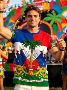 Haitian Pride Men's Casual Breathable Shirt, National Emblem L'union Fait La Force Patriotic Top, Haitian Culture Short Sleeve Tee for Independence Day
