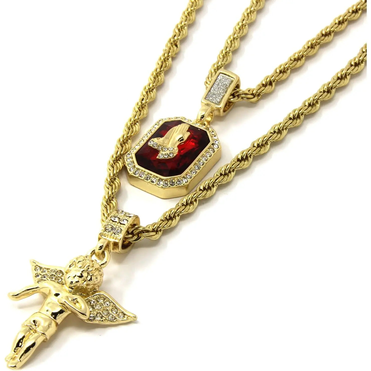 Men's Gold Angel & Ruby Bundle Set CZ Pendant Hip Hop Jewellery with 24" & 30" Rope Chain d463, Angel Theme, Brass Rope, Two Chains