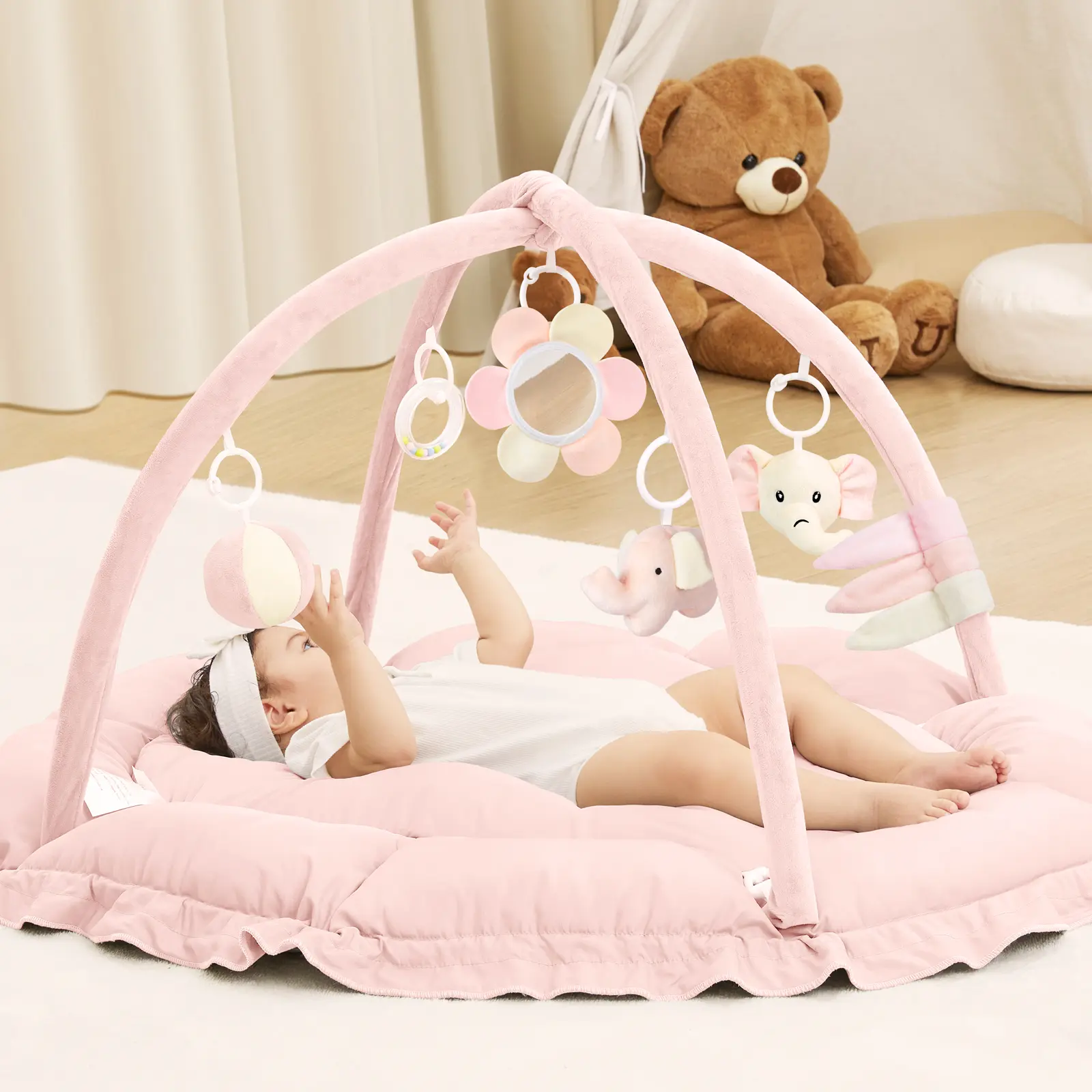 ANGELBLISS 5 in 1 Baby Play Gym Mat, Reversible Tummy Time Mat with 5 Sensory Toys for Stage-Based Developmental, Thick & Large Baby Activity Center from Newborn to Toddler