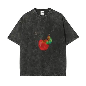 Vintage Washed T-Shirt for Women, Summer Oversized Cotton Graphic Tee, Retro Hungry Caterpillar Apple Print Short Sleeve Top, Aesthetic Acid Wash Distressed Tshirt