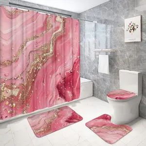Modern Marble Pattern Shower Curtain Set, Aesthetic Bathroom Decor, Shower Essentials, Includes 12 Hooks, Non-Slip Bath Mat, U-Shaped Pad, Toilet Seat Cover