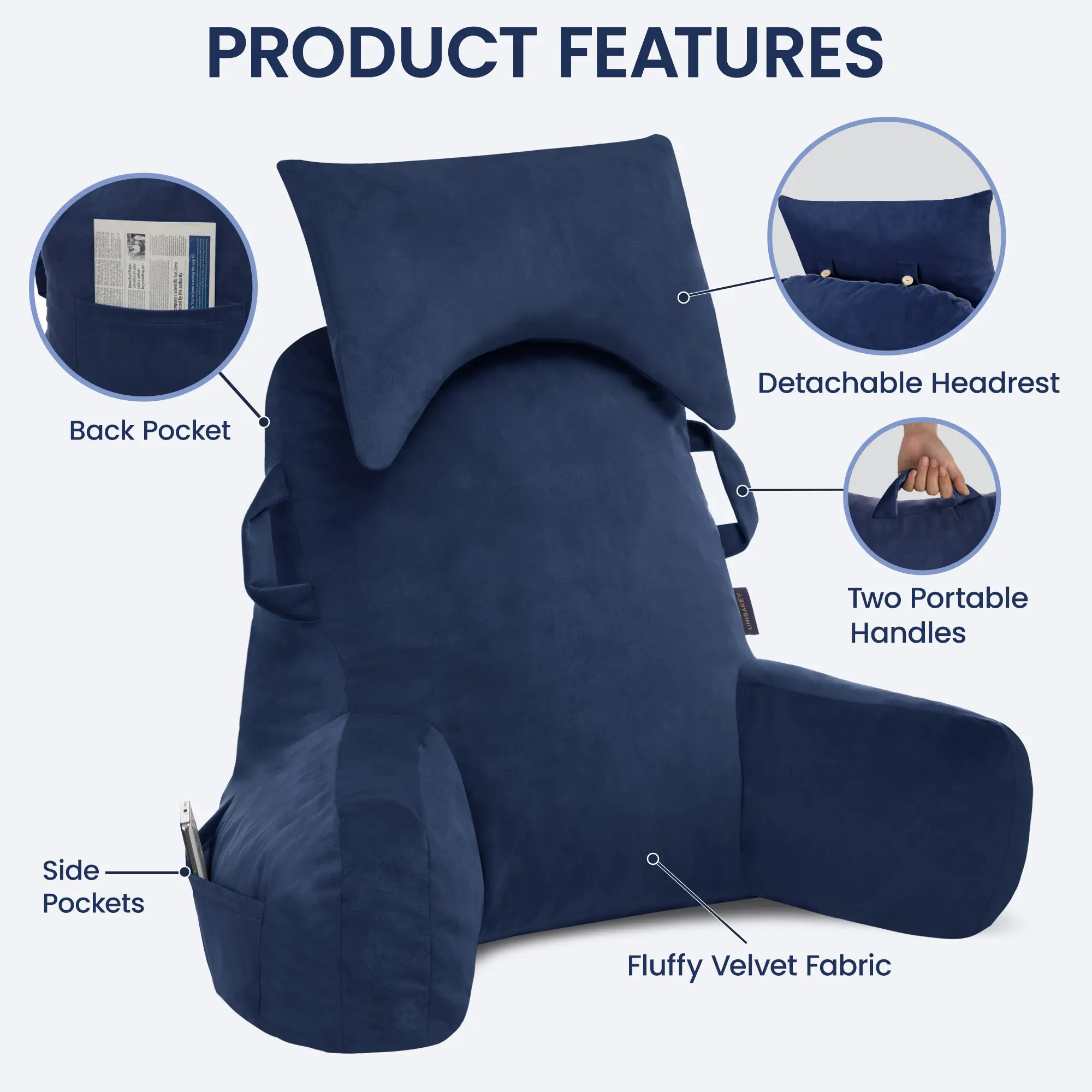 Portable Comfy Reading Pillows for Sitting in Bed Adult Bed Pillow with Arms & Pockets,Elastic Sponge,Back Pillow for Reading/Watching/Gaming/Resting