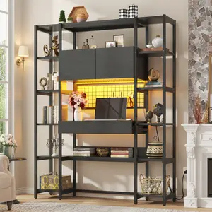 71.1" Modern Office Desk with Built-in Bookshelf & Charging Station | Smart Workstation with LED Lighting & Anti-Tip Safety | All-in-One Home Office Desk with Power Outlets