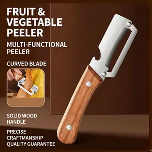 Multi-Functional Kitchen Vegetable Peeler, Ultra-Sharp Premium Stainless Steel Blade, Comfort Grip Ergonomic Wooden Handle, All-in-One Tool with Built-In Bottle Opener for Fruits Vegetables Peeling Daily Cooking