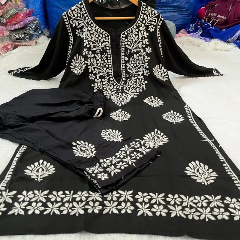 Premium Fine Chikankari Work 2pcs Sets Kurti & Plazzo Lucknowi Handwork Top Pure Rayon Fabric Elegant Design for Casual Women's Wear Asian Womenswear Clothes