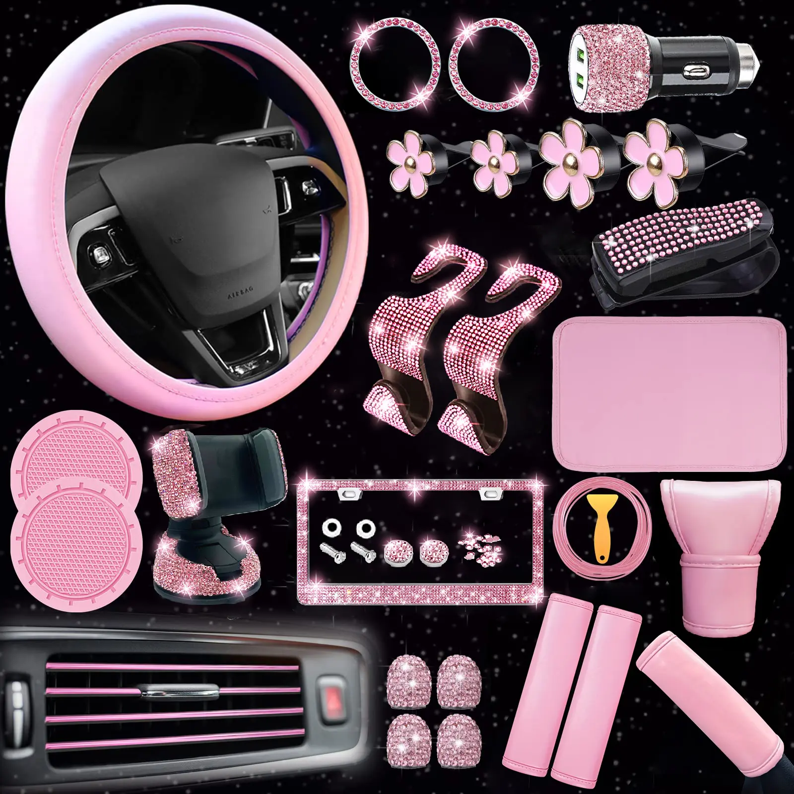 NBTEPEM 46-Piece Automotive Decoration Set - Women's Girly Cute Car Interior Accessories, Pink Leather Steering Wheel Cover, Seat Belt Covers, Rhinestone Cup Holders, Air Vent Flowers, USB Adapter, Girly Car Accessories