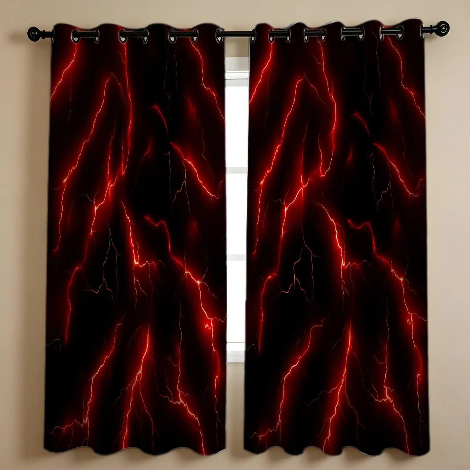 2 Panels Lightning Printed Curtains,  Black  Curtains,, Abstract Thunderstorm Decoration Curtains for Teens Boys Bedroom, Living Room, Modern Gothic Style, Thermal Insulated, Window Treatments for Home Decor