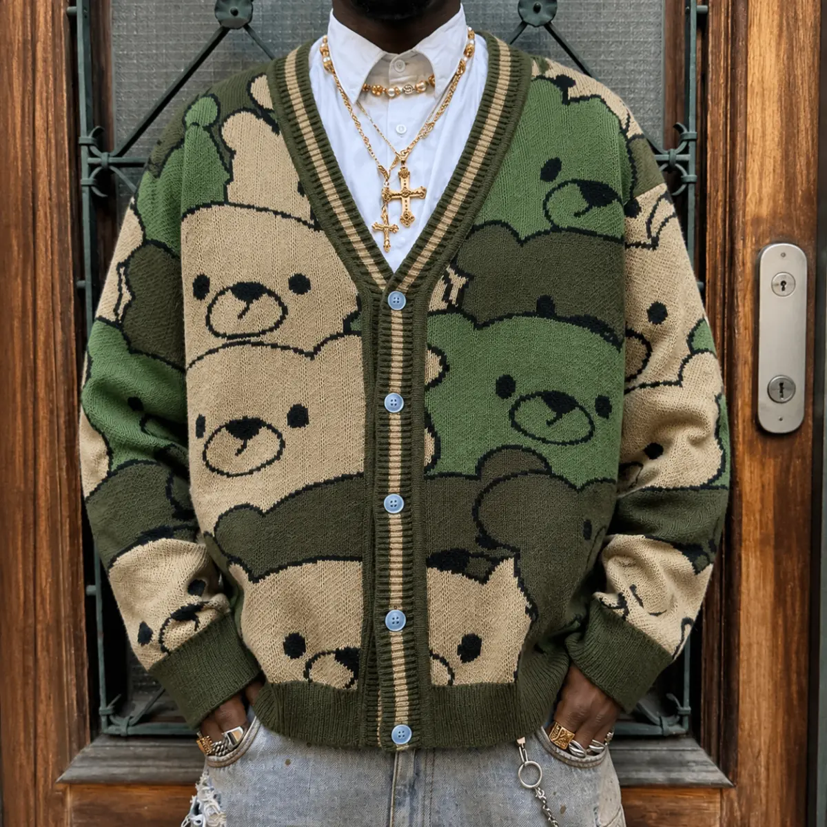 Men's Vintage Teddy Bear Graphic Cardigan. Oversized V-Neck Button Down Knit Sweater. Trendy Y2K Streetwear Fall Outerwear. Cozy Aesthetic Layering Top for Casual Daily Wear. Great Statement Knitwear & Couples Outfit.