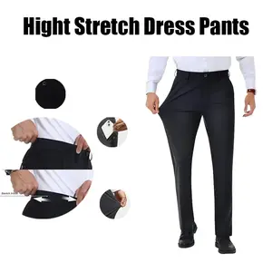 Men's Stretch Dress Pants No Iron Golf Pants Expandable Waist Flat Front Business Casual Pants Formal Black Menswear Beige Plain Trousers