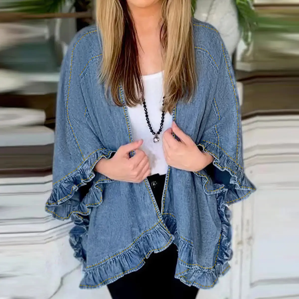 Women's Chic Shiny Lightweight Denim Cardigan - Oversized Statement Top, 3/4 Sleeves, Open Front, Ruffled Hem, Feminine Casual Cover-Up for Dresses (US Shipping)
