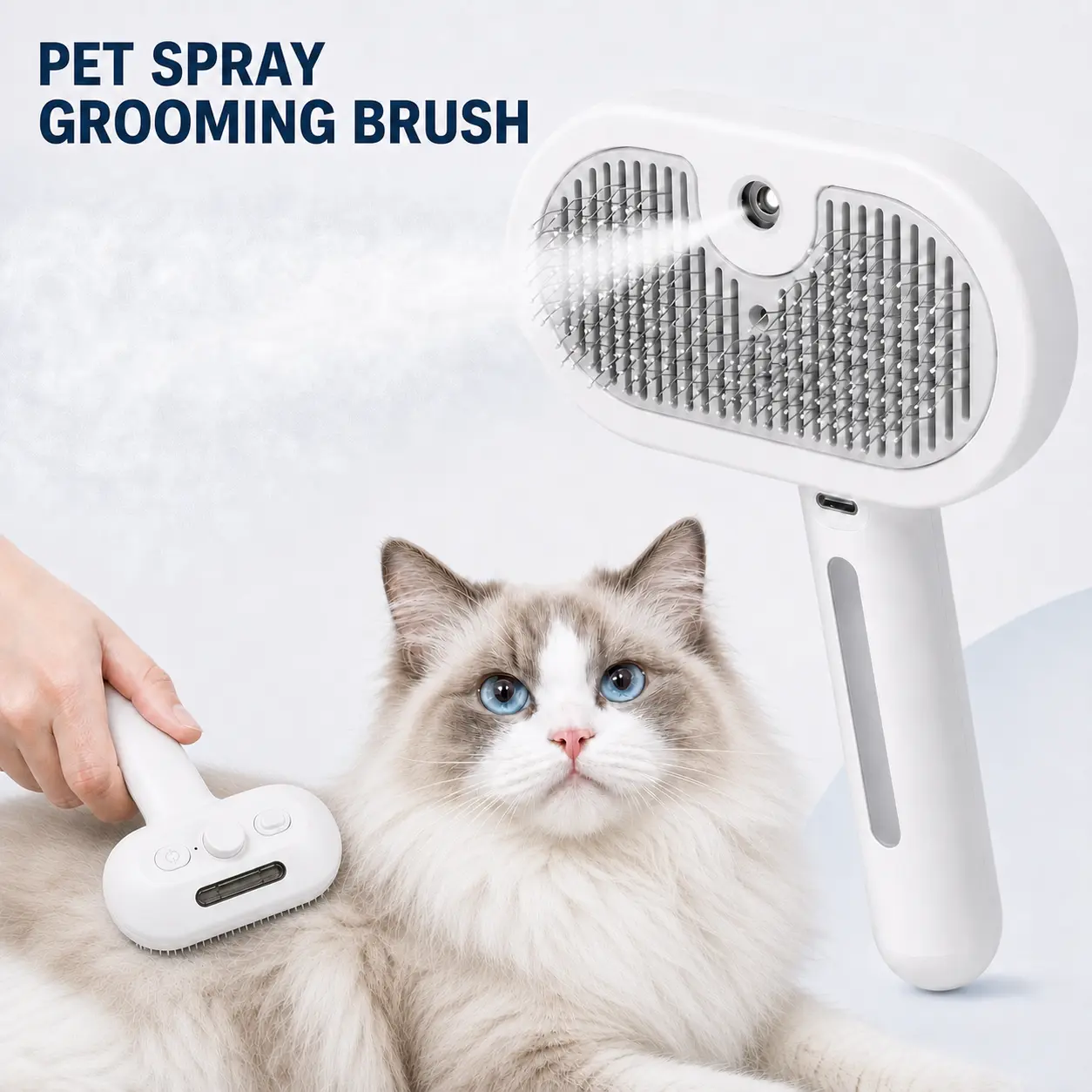 3-in-1 Pet Grooming Brush - Fur Removal Tool with Mist Spray, Dematting Comb, 1-Button Clean, Skin-Safe for Long & Short Haired Small Animals (Dog & Cat Grooming Supplies)