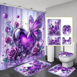 Valentine's Day purple butterfly and floral shower curtain set, non-slip mat, U-shaped rug, toilet seat cover, perfect for bathroom decoration, includes 12 shower curtain hooks, Bathroom Accessory, Bathroom Decoration Accessories