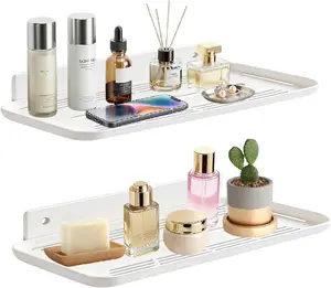 2-Piece White Adhesive Floating Shelves - No-Drill, Damage-Free Wall-Mounted Organizer for Bathroom, Kitchen Storage (Home Improvement Wall Storage Solution)